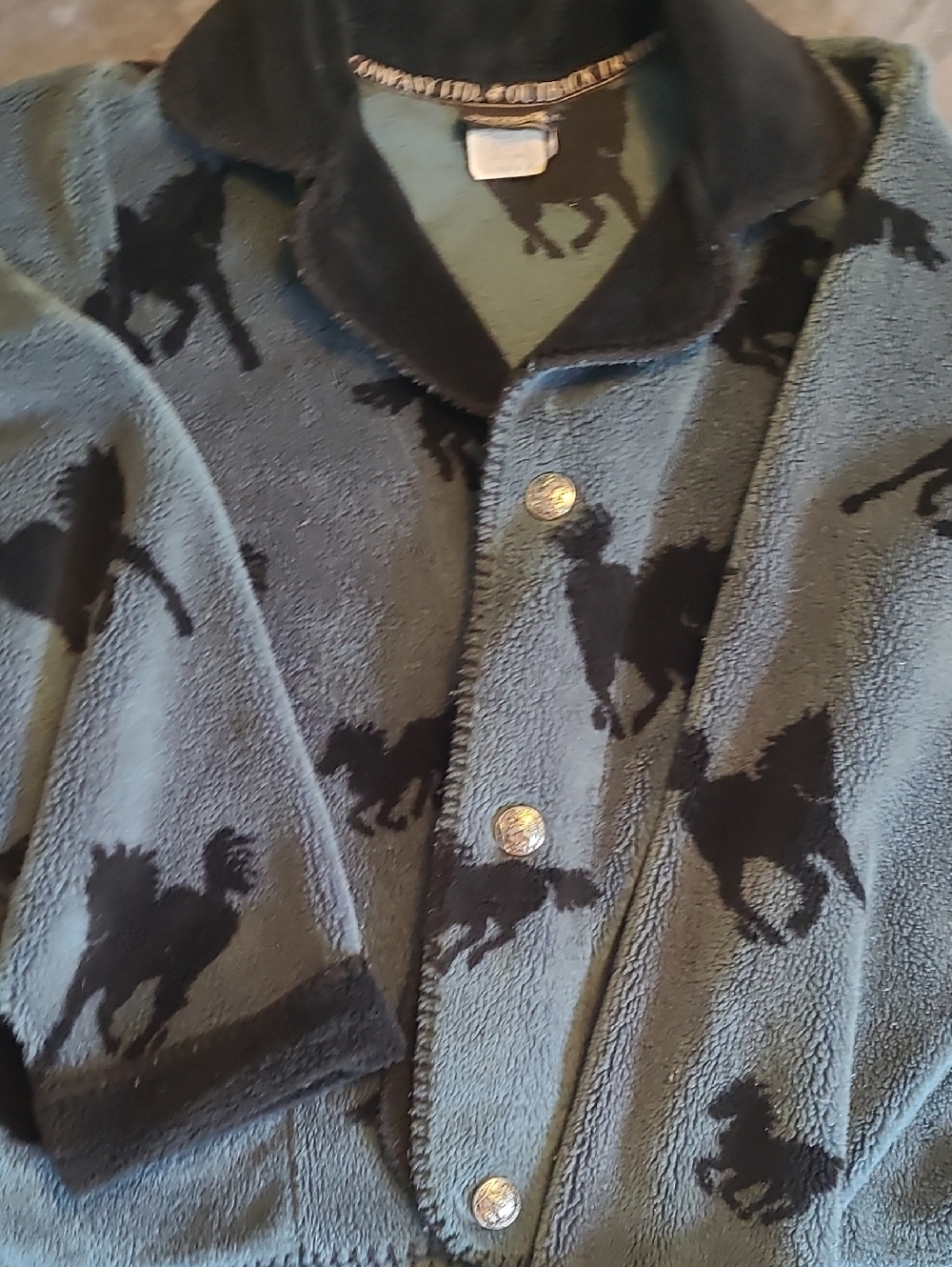Outback Trading Co Button-Up Fleece Jacket with Horse Motif in Blue and Black
